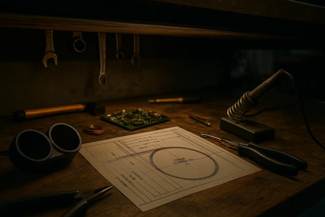 Plan de travail d'un atelier d'électronique, équipé d'outils, de plans techniques imprimés et d'une carte électronique en cours de développement.